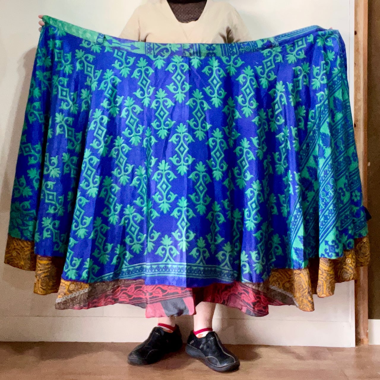 イエローブルー】 巻きスカート ロング ビンテージシルクサリー vdsl