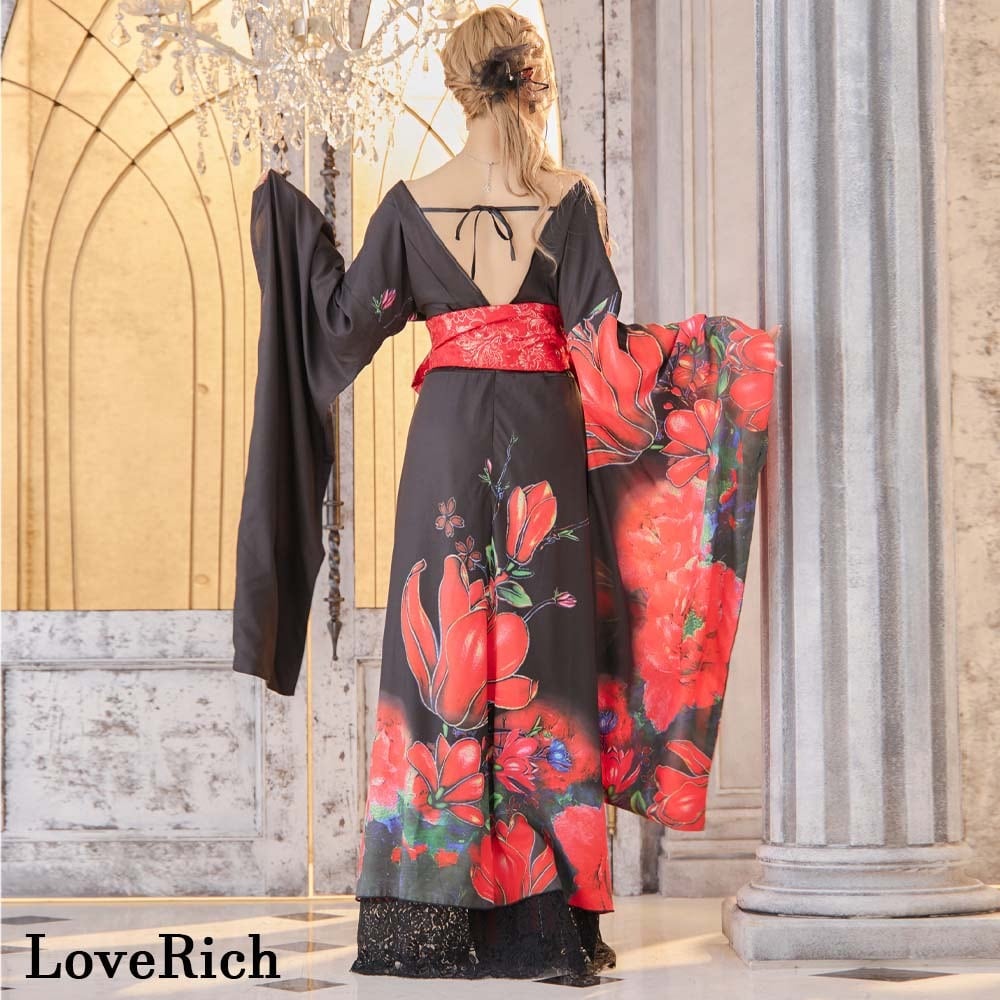 花柄 着物ドレス シフォン レース ミニスカート ロング 豪華