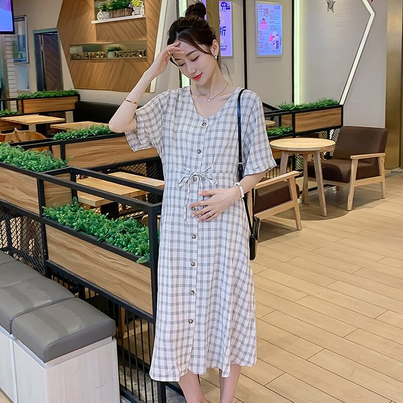【新作】【送料無料】 マタニティウェア2020夏の新しい綿とリネンのチェックVネックドレスミドル丈オープンボタン授乳ドレス-アリババ コットン サマー 夏物 expec286166077555