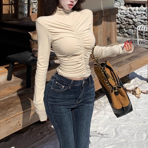 2色／フロントギャザーハイネックトップス ・13283