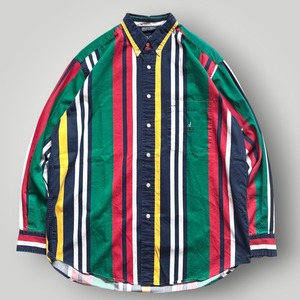 【90s】NAUTICA ボタンダウン 長袖シャツ メンズ L マルチカラー 白/紺/緑/赤 ストライプ ロゴ 刺繍 VINTAGE ノーティカ コットン