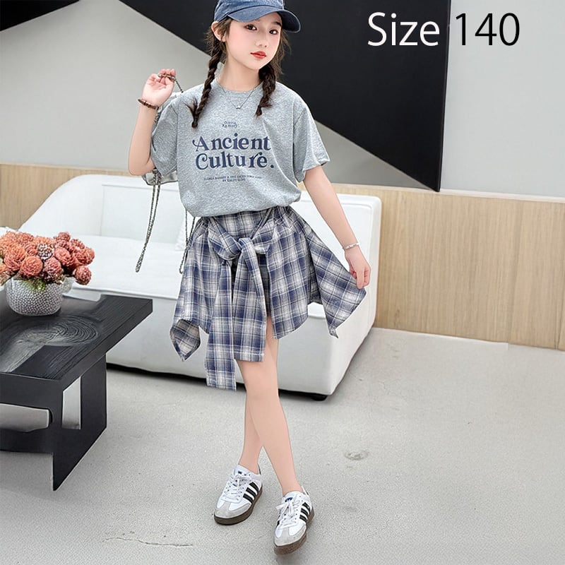 【即納商品】チェックのフェイクスカートとTシャツのセット