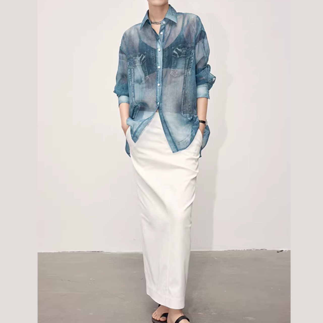 長袖デニムプリント シアーブラウス 00120・画像5