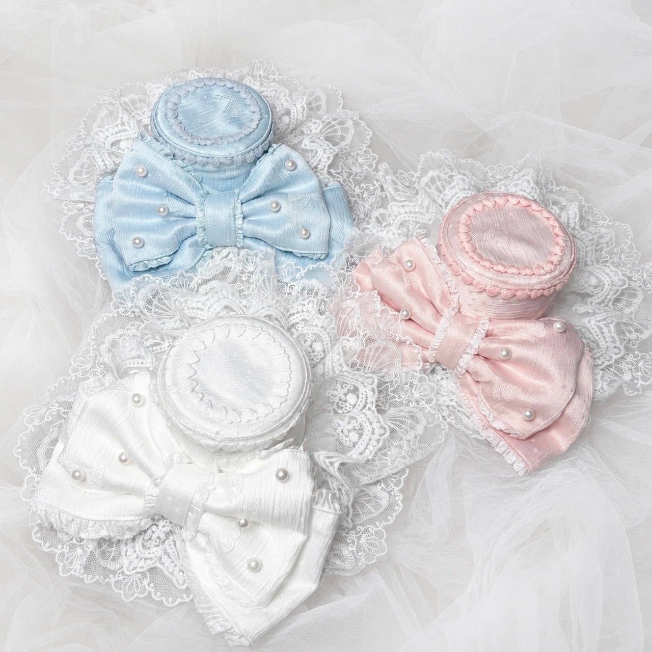 ♡【全3色】ヴェール付き⟡.· パステルシュガー パールリボンミニハットヘアクリップ light blue ♡