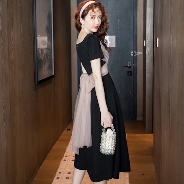 ワンピースドレス レディース 半袖 シフォンリボン 膝下丈 ピンク ブラック 結婚式 二次会 パーティ S/M/L/XL