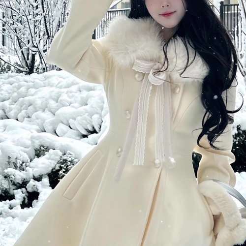 リボンファーカラーフレアミドルコート ・73198