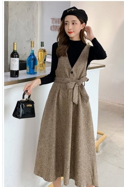 ★送料185円★新品M～L対応★秋新作*キレイめ上品2点セット*五分袖ニット＋ボトムプリーツワンピース*アコーディオンプリーツ*181A黒9/11号