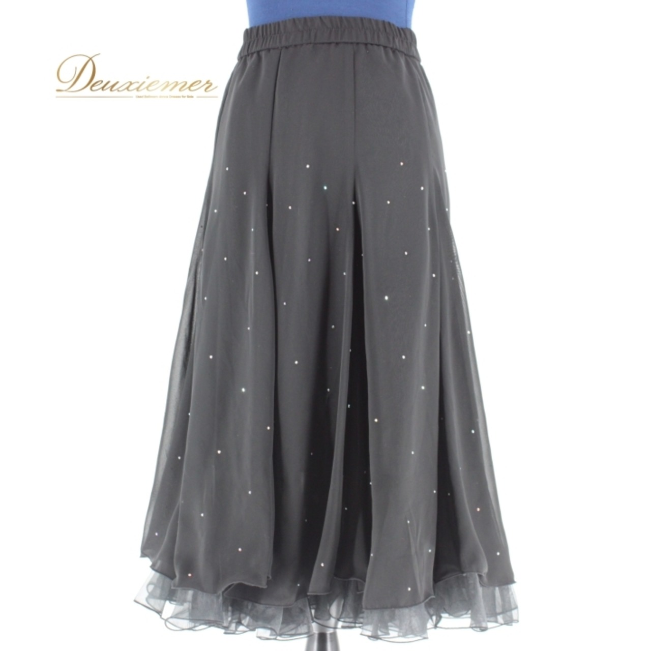社交ダンス 衣装 スタンダード スカート レッスンウェア 女性用 レディース オールシーズン 黒 オーガンジー シフォン ブラック系 ラインストーン クラシック デザイン フィット感 おしゃれ 輝き 軽量 ストレッチ 上品 ダンス衣装 パーティー お揃い レッスン用 スカートスタイル シフォン素材 ウエストゴム フロアスカート シルエット おすすめ 77cm丈 シンプルスタイル