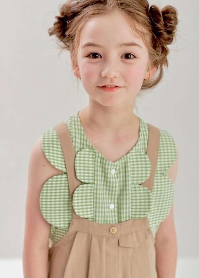 スカラップ切替ノースリーブブラウス〈Green check〉