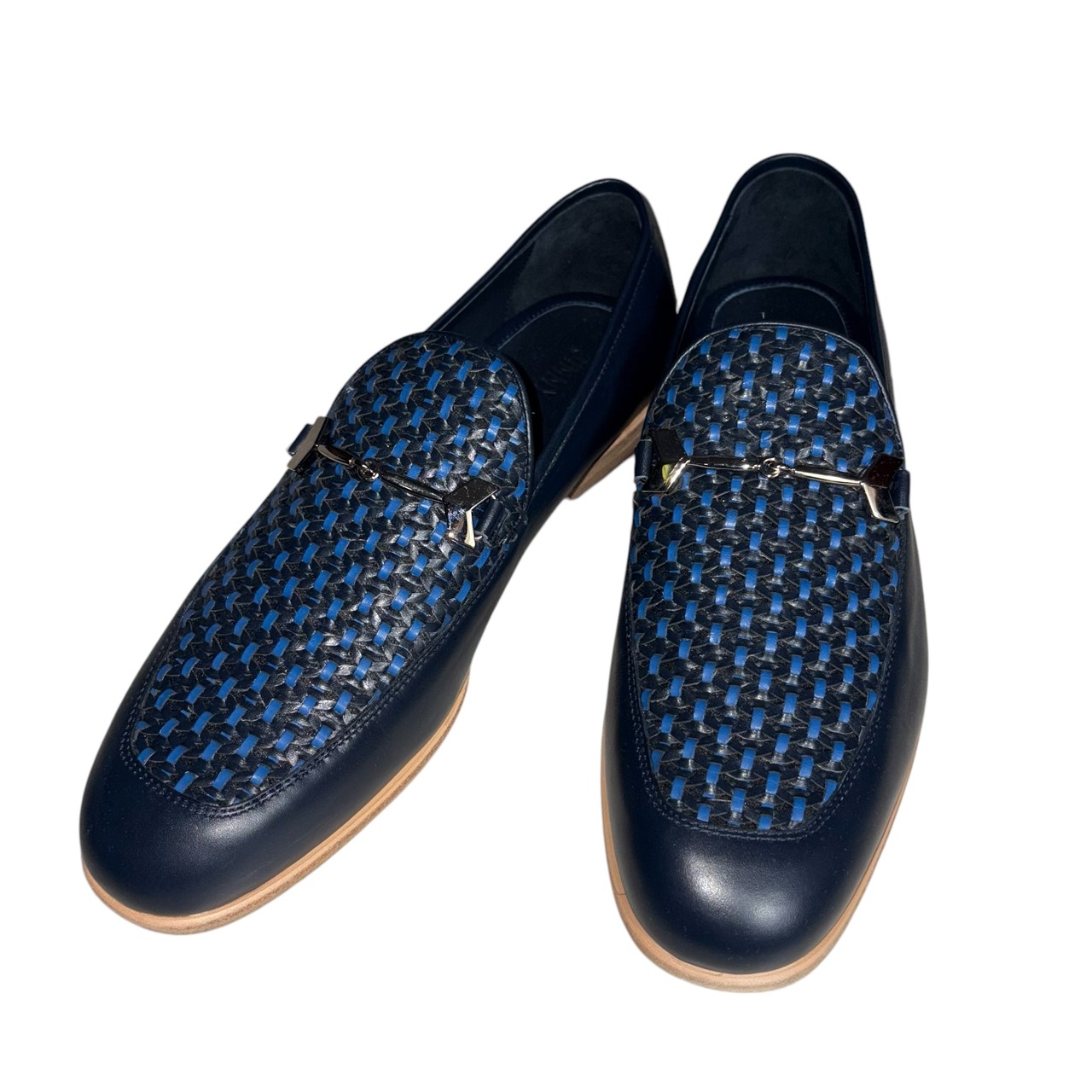 JIMMY CHOO navy × aqua braids leather loafers