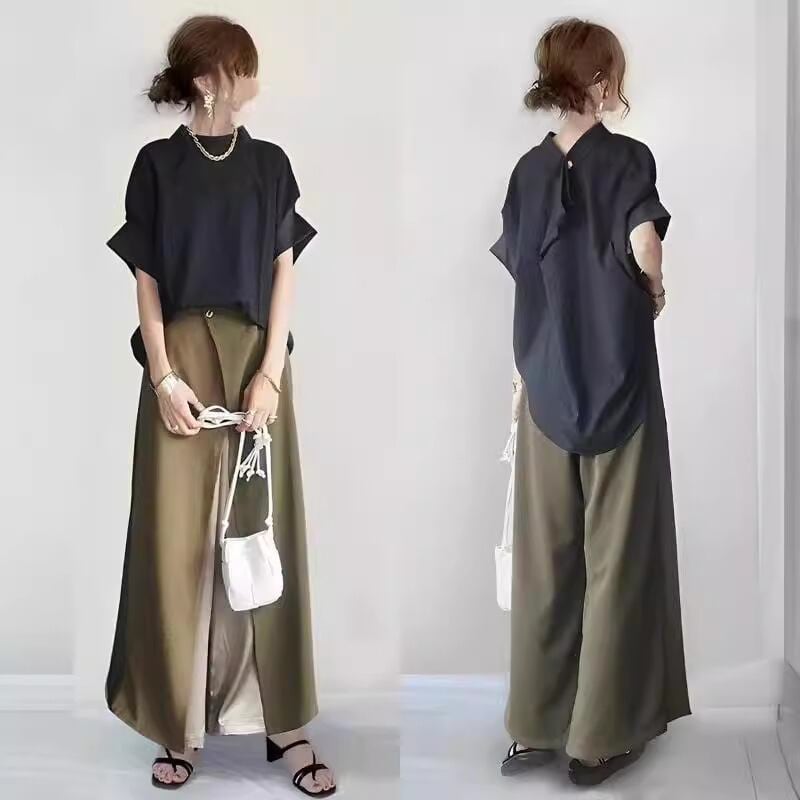 大活躍 ドルマンスリーブ半袖×切り替え ワイドパンツセットアップ m