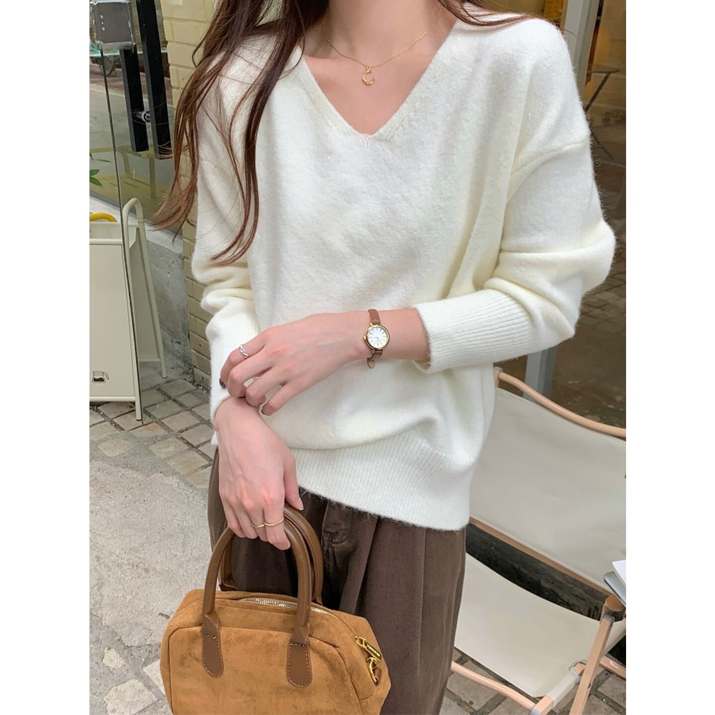 Vネック ドロップショルダーニット 4color RA3621