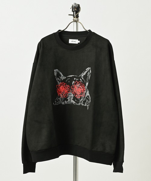 ATELANE Suede-finish Ponte Crew Neck – French Bulldog Pattern (BLK) 26A-24012
