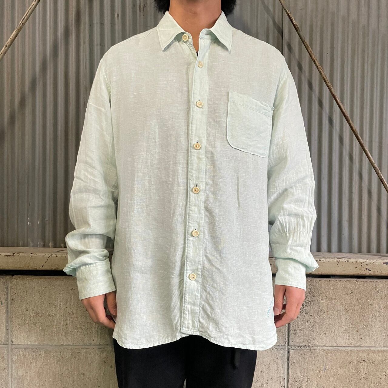 TOMMY BAHAMA 長袖 リネンシャツ 無地 メンズL 古着 ミント