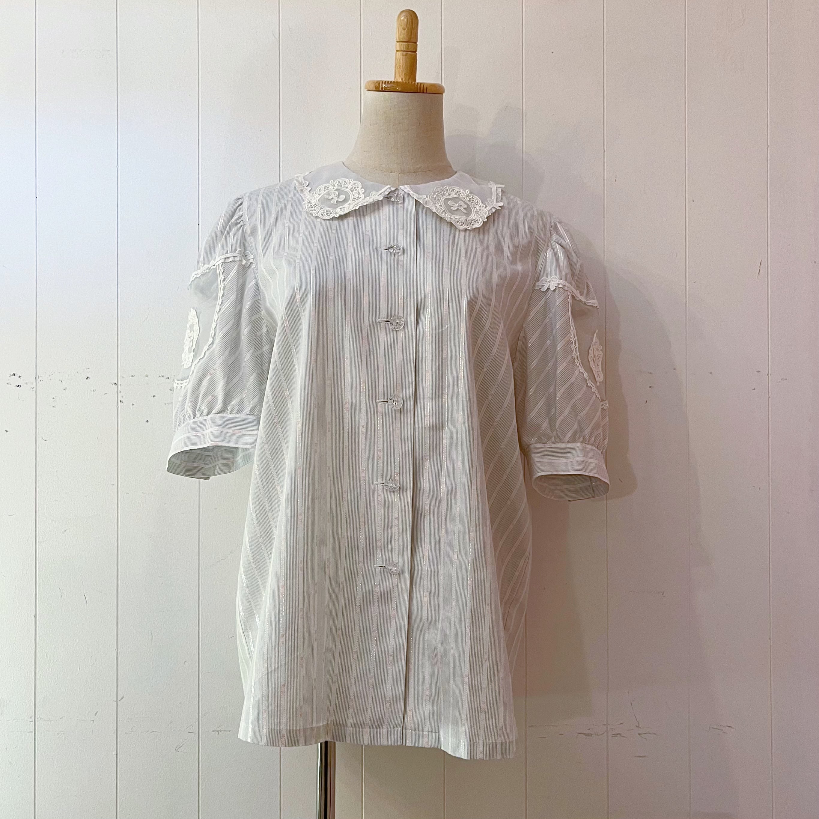 ribbon lace collar stripe blouse