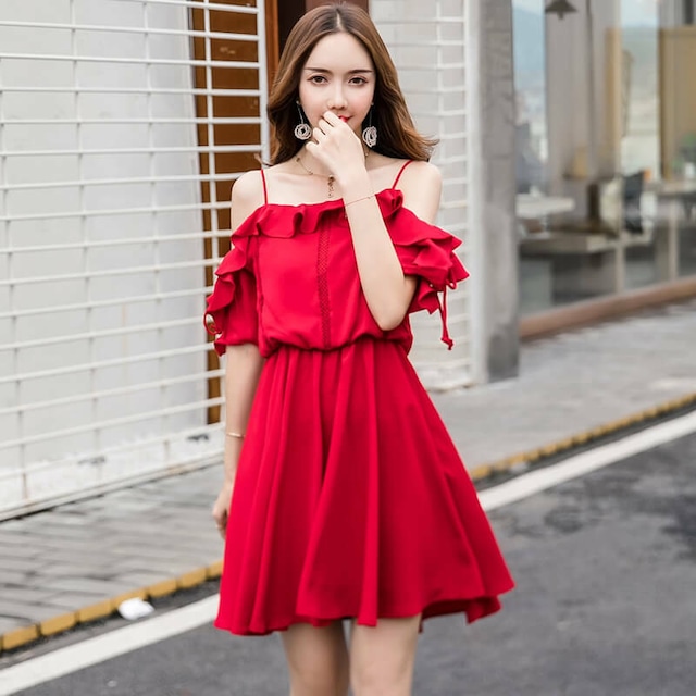 フリルワンピース 袖フリル 半袖 オフショルダー ラッフル ひざ丈  