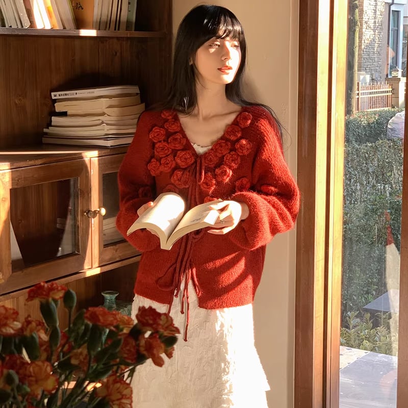 【tops】立体感フラワーニットトップス Q7782