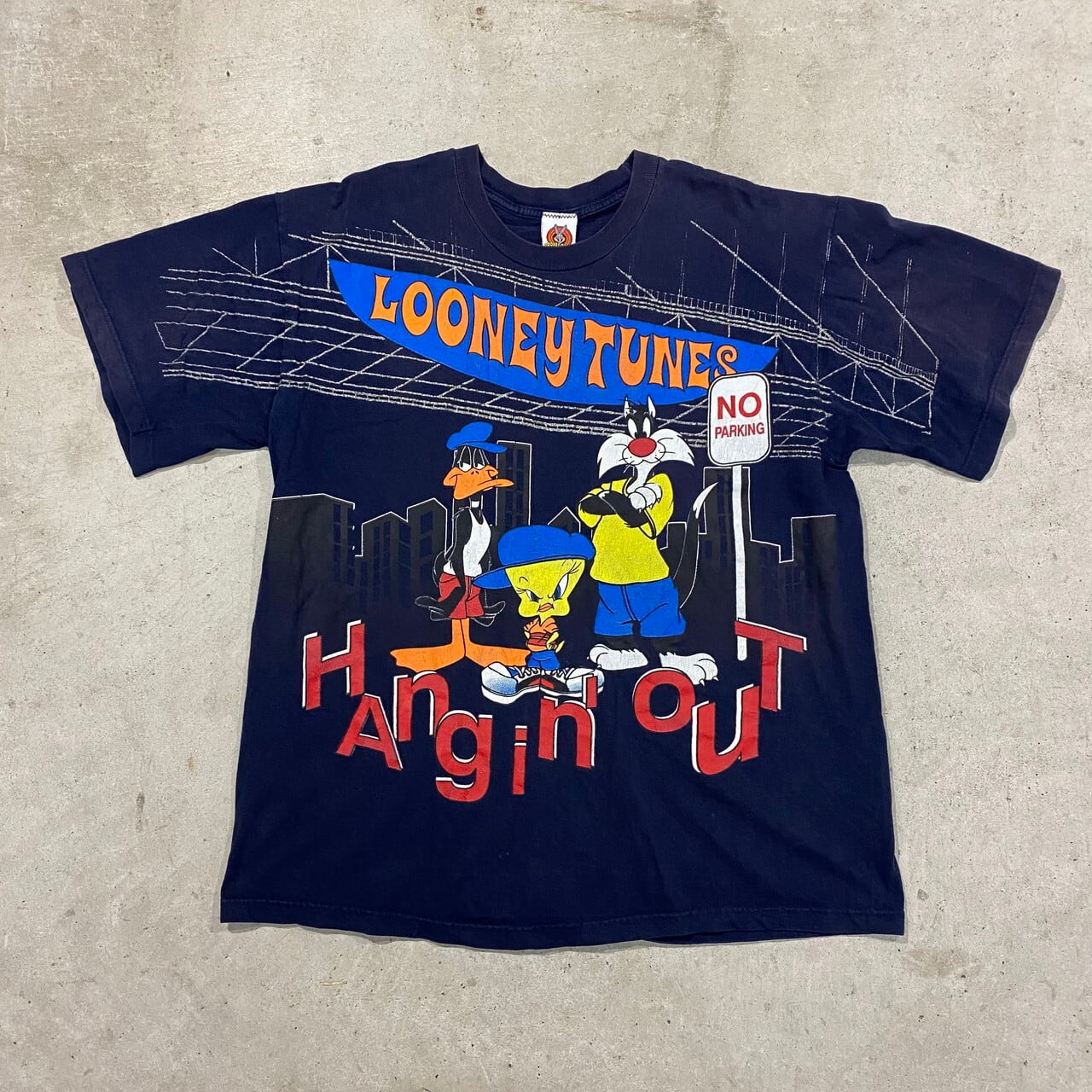 90年代 Usa製 ルーニーテューンズ キャラクター オーバープリントtシャツ メンズxl 古着 Looney Tunes シルベスター トゥイーティー ダフィー ダック 90s ビンテージ ヴィンテージ ラメ ネイビー 紺 Tシャツ Cave 古着屋 公式 古着通販サイト