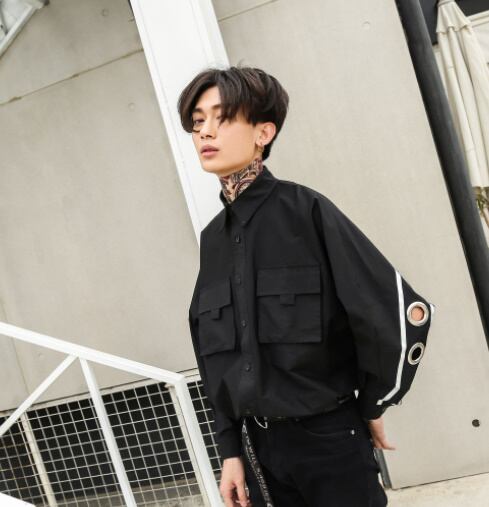 Koukan Muryou Top Mode リングデザインシャツ ブラック 黒 トップス モード Cool V系 ストリート パンク パンキッシュ ロック バンドマン 長袖 個性的 ライン メンズ ブラック 黒 羽織 大人可愛い Cool モダン 春夏 着痩せ効果 大人カジュアル かっこいい Les51 最新