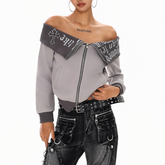 off-shoulder zip-up rib sleeve cropped jacket la2678