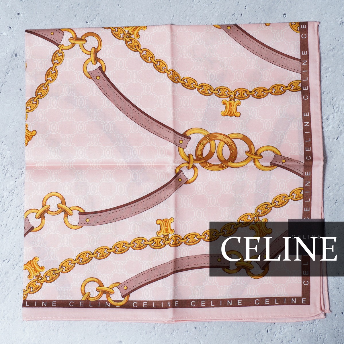 CELINE】セリーヌ ロゴ入チェーン柄ハンカチ pink | ブランド古着屋