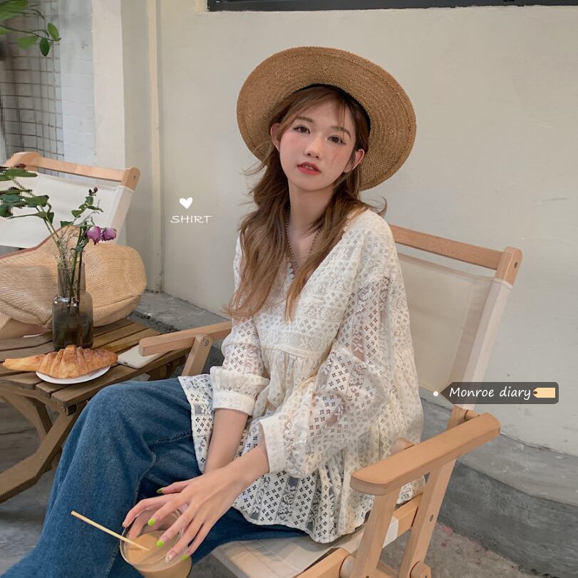 レースVネックシャツ オータム薄手トップス ロング 大人ガーリー スウィート キュート カジュアル 秋物 モンロー10921146005