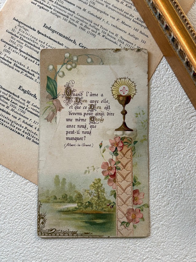 フランスVintage Holy Card ホーリーカード communion 天使  パンと葡萄 1961年 額装 コレクション 撮影小物 Noel クリスマス