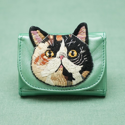 ねこミニ財布 calico cat/Metallic Green