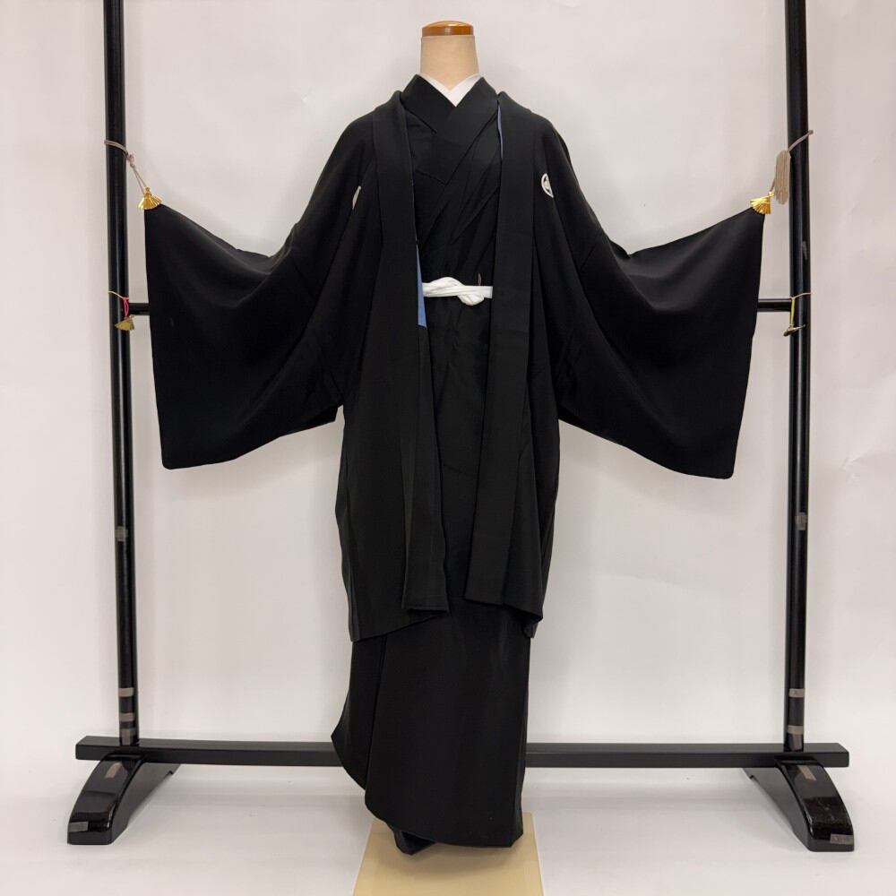 男紋付 男着物 黒紋付 正絹 羽織 長着 裄75.8cm 3L size 黒 五つ紋 中古 成人式 舞台衣装 6358