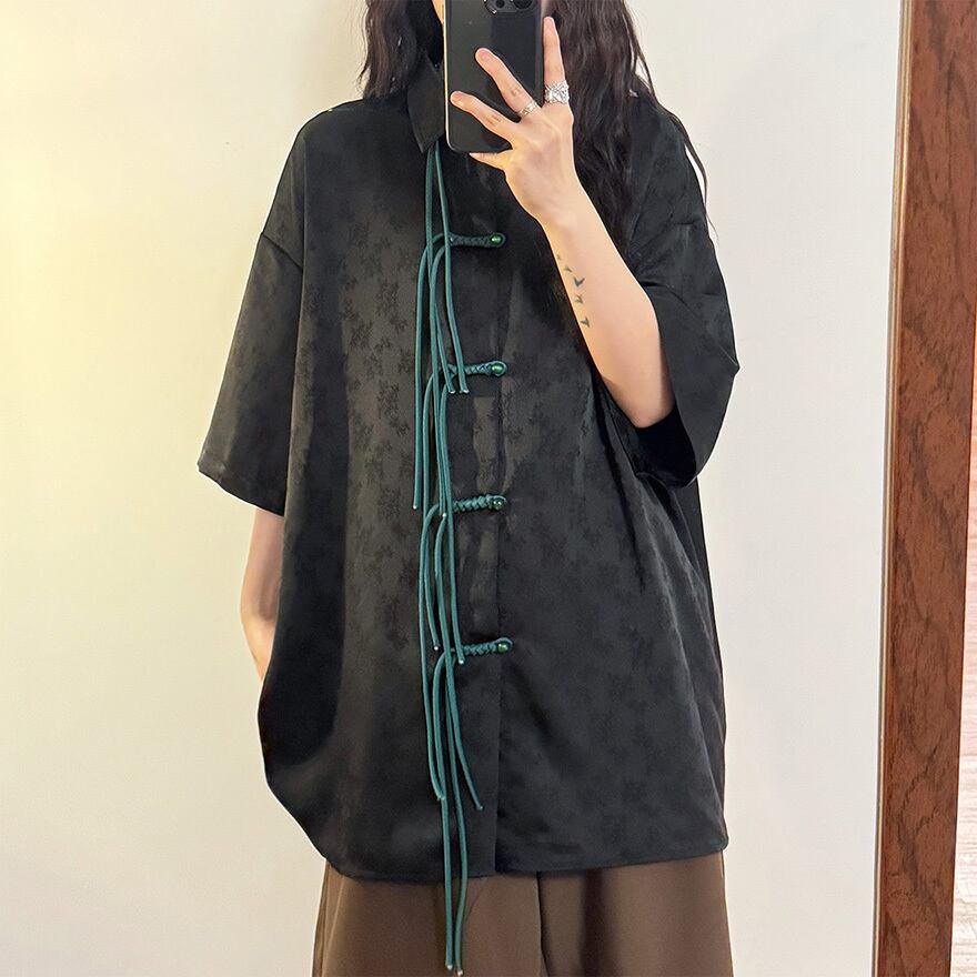 サブカル 服 地雷系 通販 Tシャツ 半袖シャツ チャイナ風 バックル ドレープ 闇かわいい