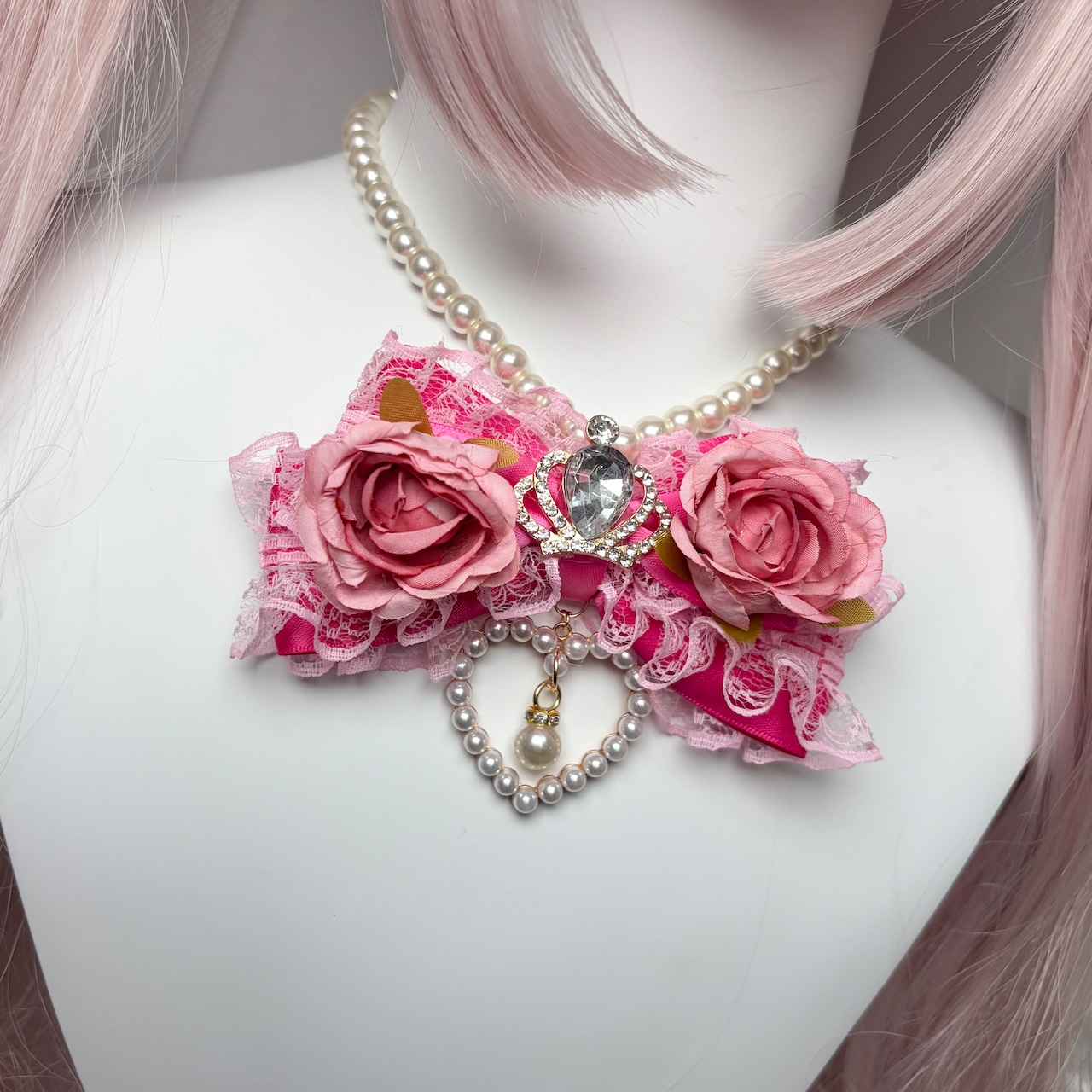 ♡【全2色】姫GAL 薔薇付き クリスタルビジューティアラ&パールドロップ フリルリボンネックレス pink ♡