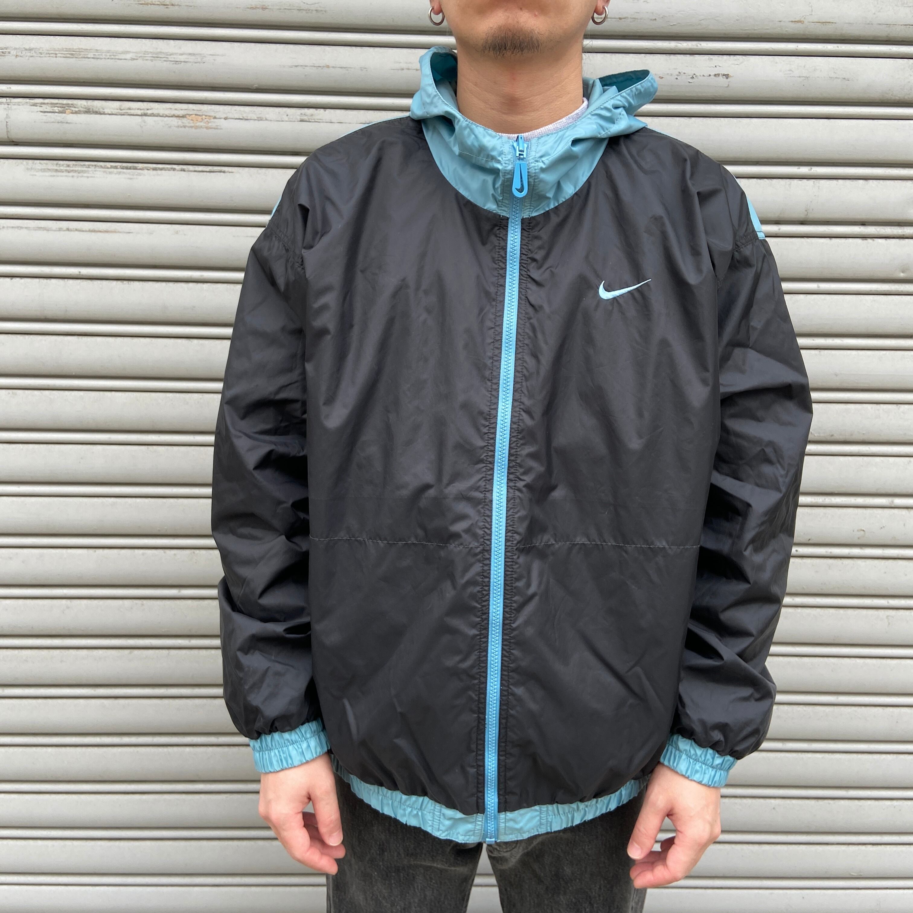 【NIKE】90s リバーシブル ナイロンジャケット 90s ナイキ リバーシブルナイロンジャケット スウォッシュ 水色 黒 L