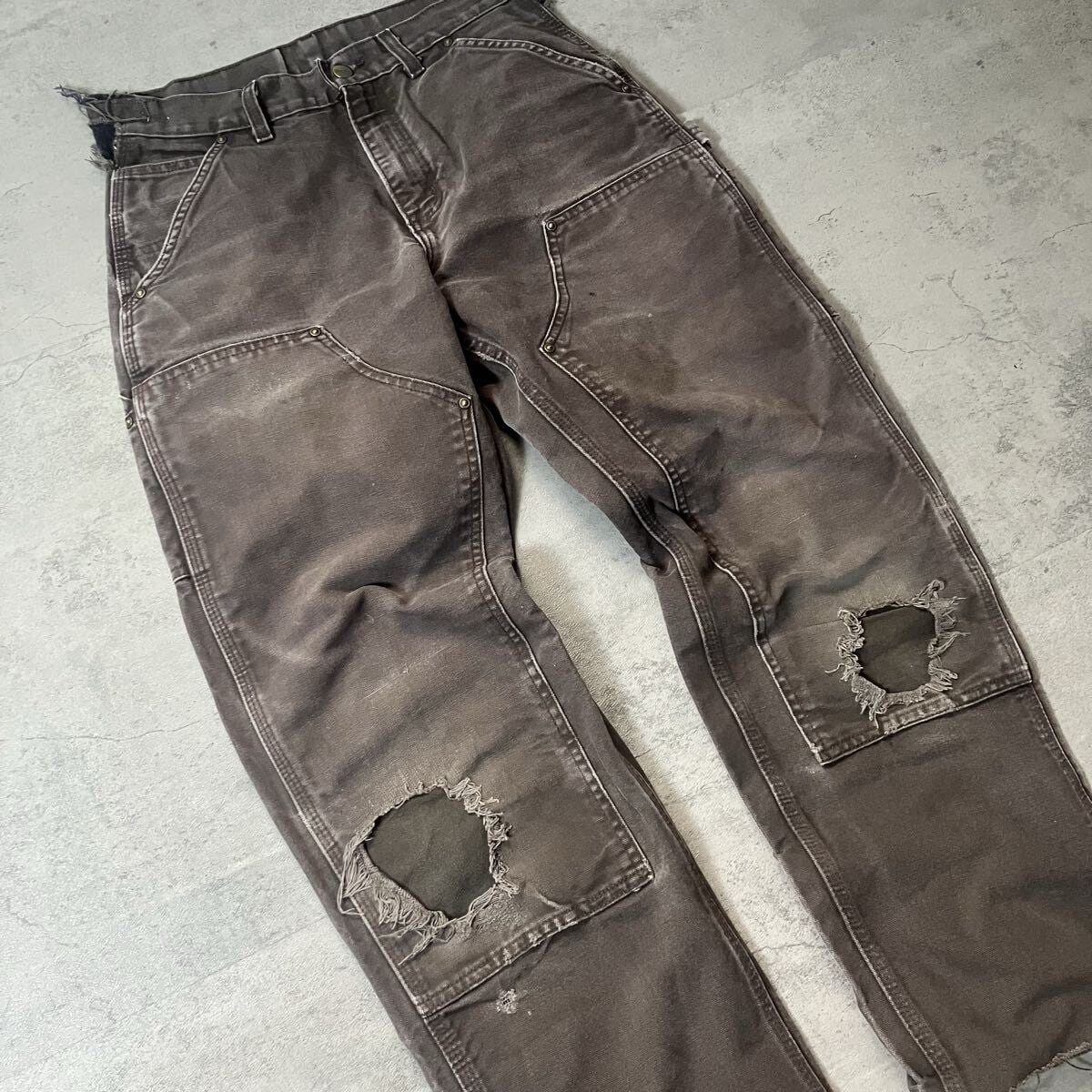 古着 90s Carhartt ダブルニー ワーク パンツ ブラウン usa製 90s Carhartt ダブルニー ワークパンツブラウンダック フェード