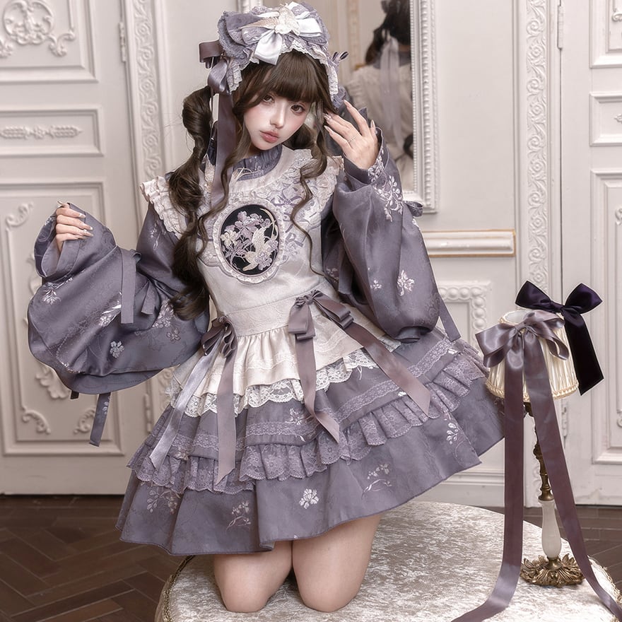 丸窓 刺繍 モチーフ 和ゴシック ロリィタ ヘッドドレス 中華風メイド服