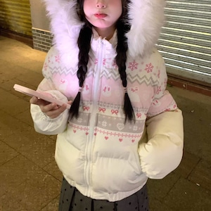 ノルディックプリントファーフードパフジャケット ・73293 ノルディックプリントファーフードパフジャケット ・73293