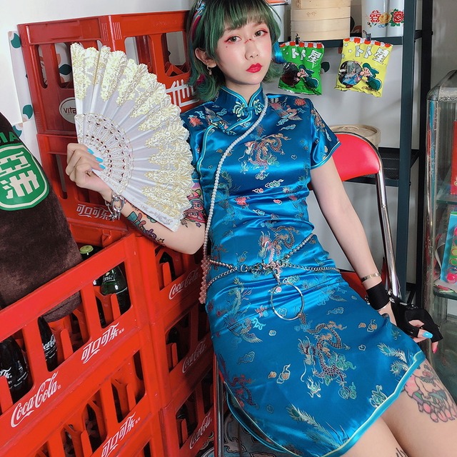 ゴスロリ通販 With U  ゴスロリ系 FANLOVE チャイナ服 レトロ ドラゴン 刺繍 ミニドレス  コンカフェ イベント衣装 バンギャ