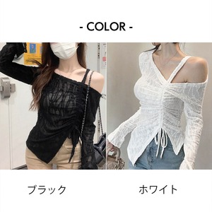 ワンショルダー Tシャツ 長袖 レディース 春秋 トップス 韓国 透け感 レース おしゃれ きれいめ 大人 かわいい カジュアル ギャザー アシンメトリー シースルー 肩出し 薄手 大人可愛い 大人女子