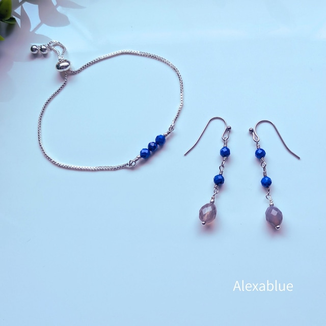ラピスラズリ × グレーオニキスのピアス＆3粒ブレスレットセット｜深い青とくすみグレーの上品アクセサリー