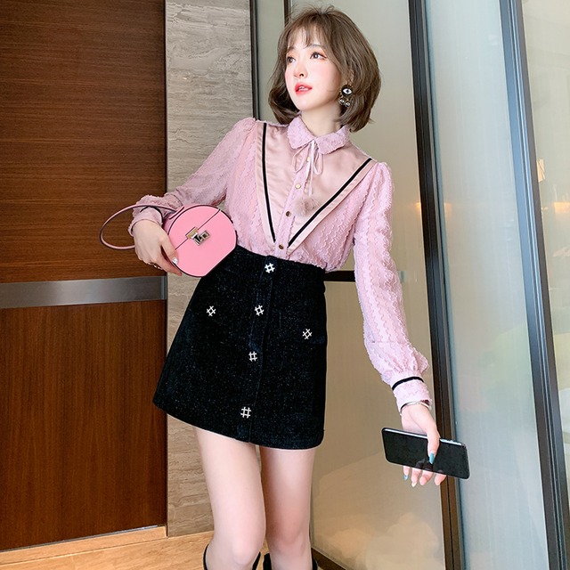 レースジャカードシャツ ボタンツィードAラインスカート オータム 秋物 ステッチ MIUCO14756100573