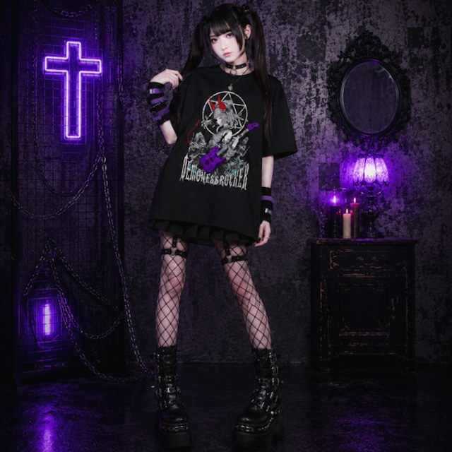 ★【lunalyオリジナル】DEMONESSROCKERショートスリーブブラックTシャツ（ori_0093）