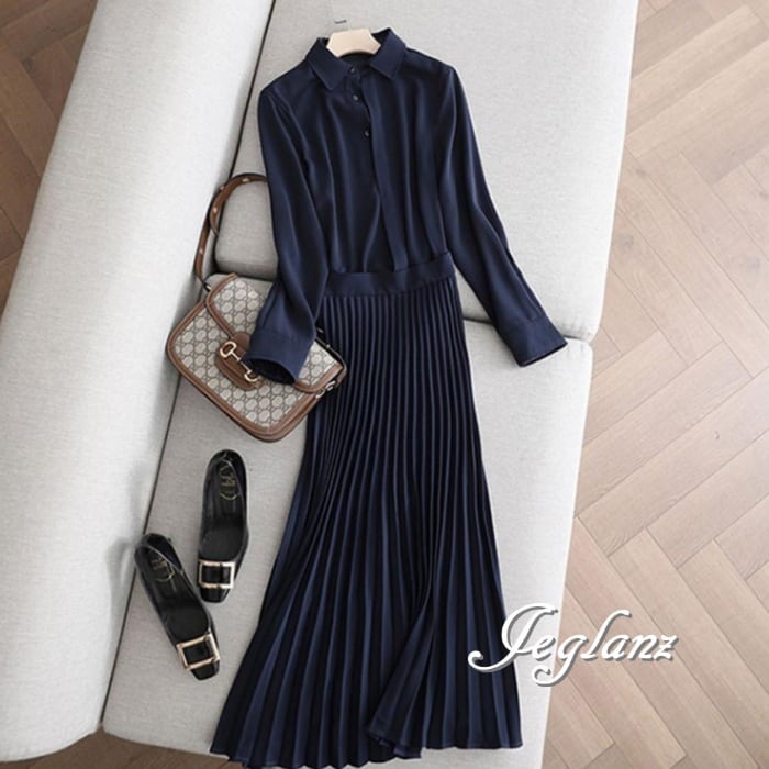 スキッパー 長袖 ワンピース プリーツ きれいめ カジュアル派 ♪(MA932)ζ