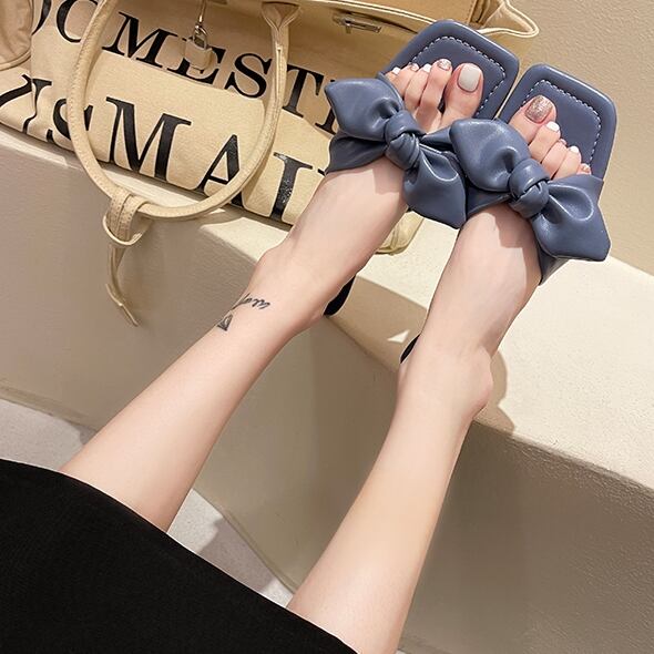 【予約販売】レディース サンダル リボン 華奢 こなれ感 大人可愛い 韓国 楽ちん ローヒール ぺたんこ 全4色 パープル/ブルー/イエロー/オフホワイト 22.5cm/23cm/23.5cm/24cm/24.5cm