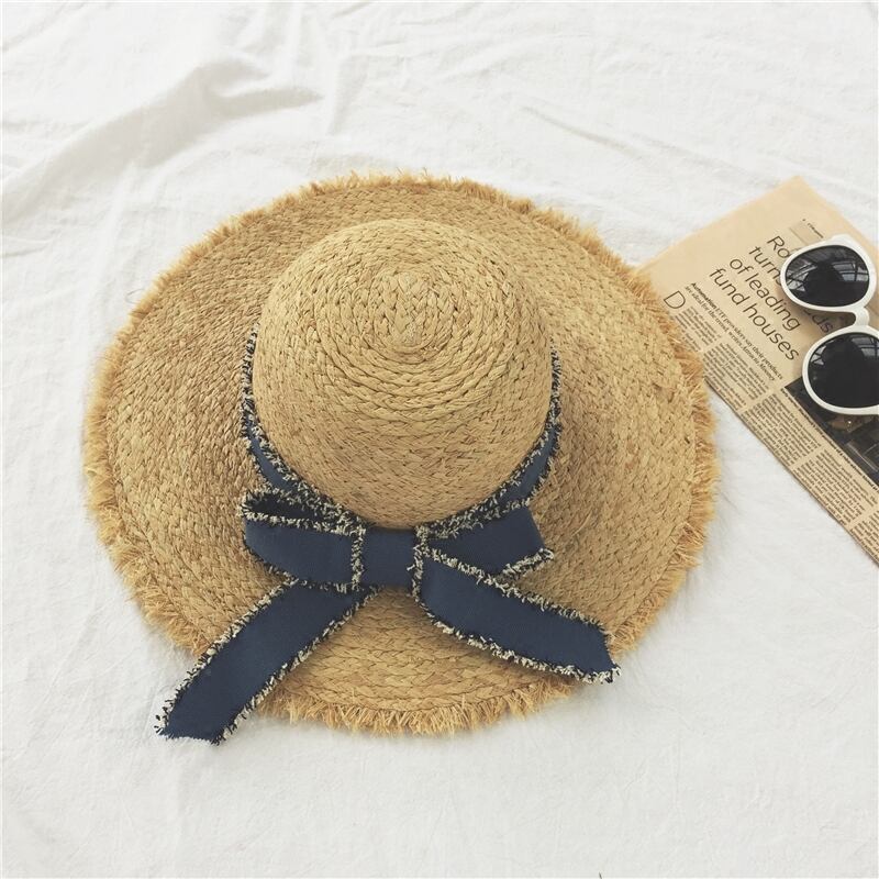 ボウノットのバージョン大きな軒ラフィア麦わら帽子女性夏の外出日よけ帽オールマッチ日焼け止めビーチ日よけ帽 ブラック・アイド・ピーズ32067631955