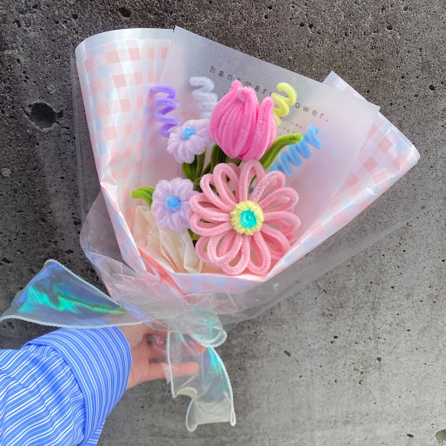 fuwafuwa flower ギンガムチェックブーケS 【pink】【present series】★推し色/枯れないお花/ブーケ/誕生日プレゼント/引越し祝い/クリスマスギフト/クリスマスプレゼント/卒業祝い ピンク