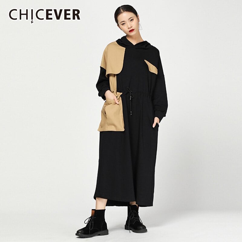 CHICEVERパッチワークドレスフード付き長袖不規則なヒットカラー巾着レースアップロングドレスAutumnTide 2020 オータム 秋物 6base567077701843