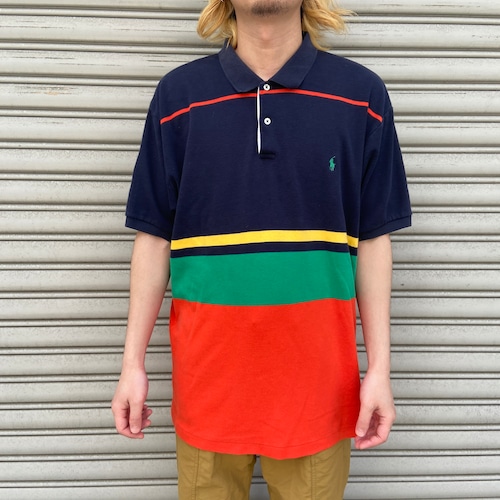 90s Ralph Lauren マルチボーダー柄半袖ポロシャツ　ポニー　XL