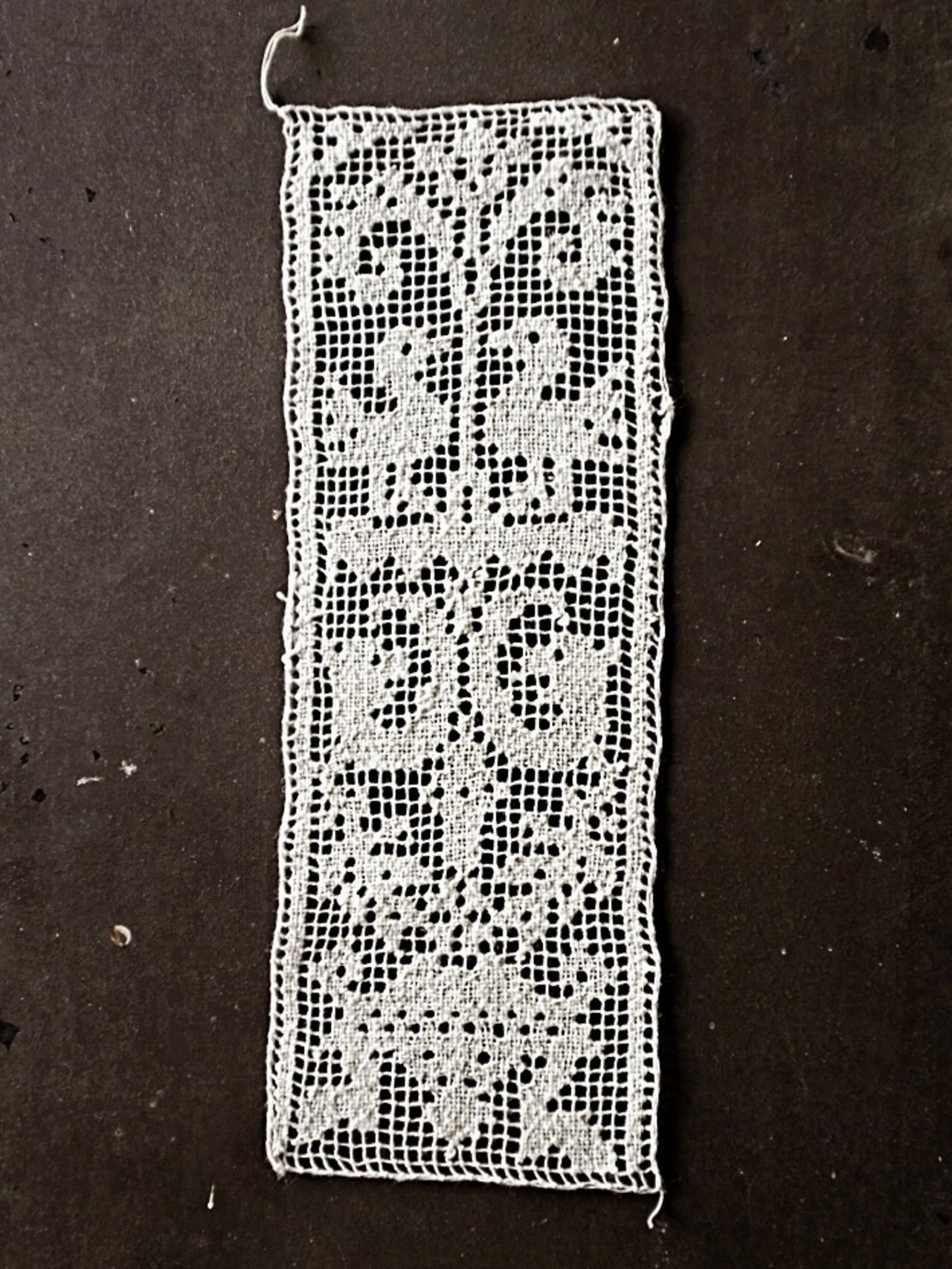 19世紀 フランス リネン 鳥と魚と薔薇と カンデラブルムのあるゴシック的ハンドワークフィレレースモチーフ アンティーク