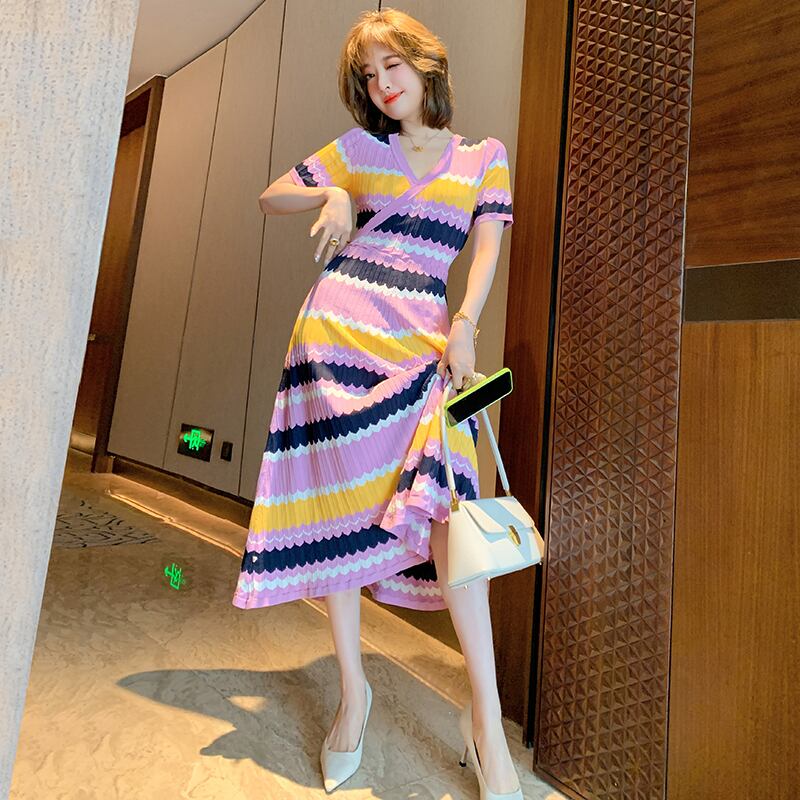 カラーストライプVネックスリムウェストニットドレス サマー 夏物 MIUCO20834574903