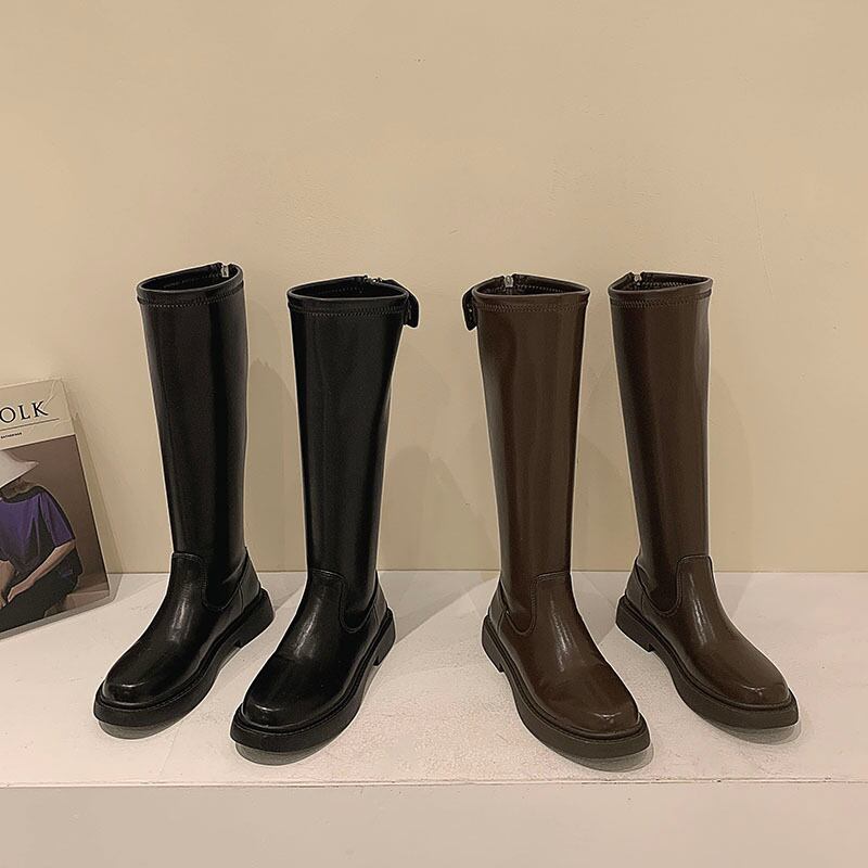 ロングブーツウィンターバックジッパー薄手レッドソリッド カラー 靴 シューズ 冬物 ラウンドトー ソリッドカラー フェイクシューズ46869263485