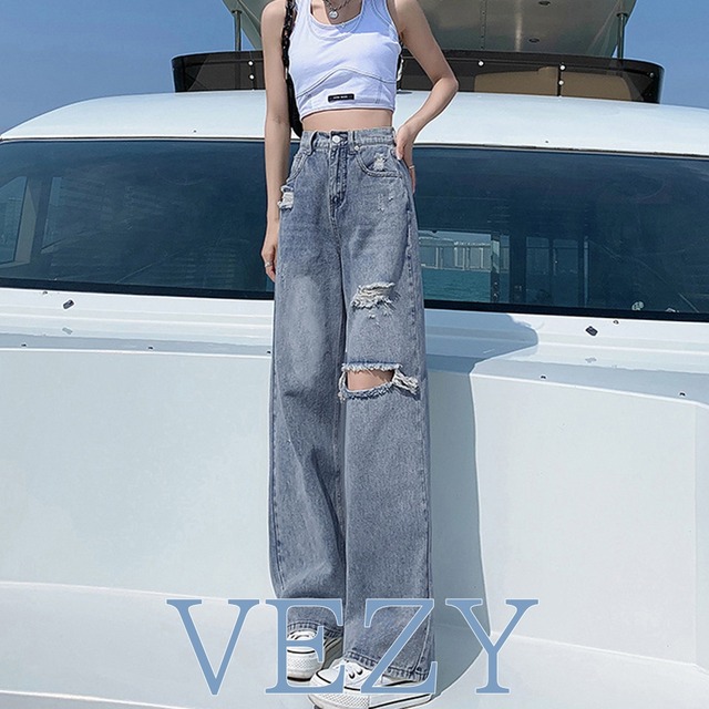 ダメージ デニムパンツ ハイウエスト韓国 ゆったり セミワイドパンツ 体型カバー ジーンズ おしゃれ 美脚ジーパン カジュアルロングパンツ ストレート ボトムス パンツ スカート ベジー VEZY ItemNo.【19611238 】